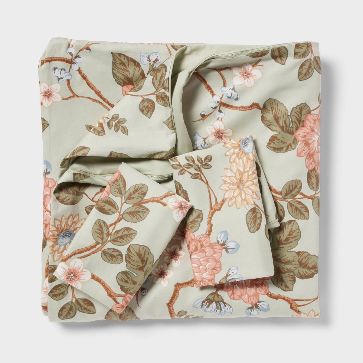 Floral Print Duvet and Sham Set Light Sage