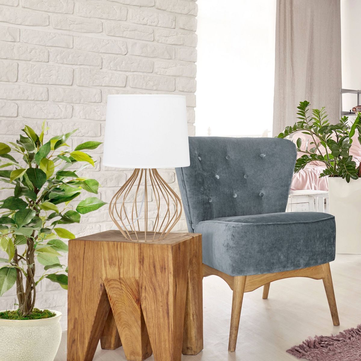 Geometrically Wired Metal Table Lamp with Fabric Shade