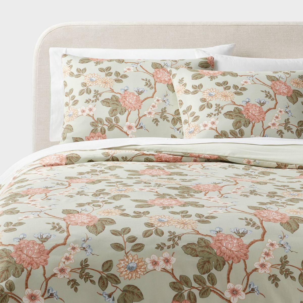 Floral Print Duvet and Sham Set Light Sage